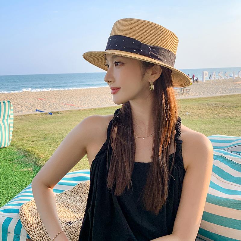 French elegant fashionable straw hat women's summer seaside vacation casual sun hat ribbon flat top hat sun hat