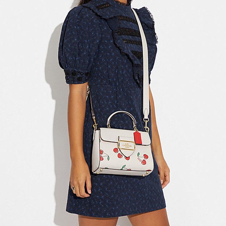 Coach Morgan 21 Snap Flap Closure Heart Cherry Print Faux Leather With Cowhide Leather Shoulder Crossbody Tote Bag Small Women Handbags CF419-IMCAH