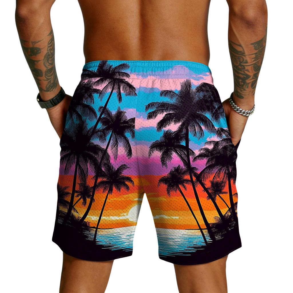 Mens Board Shorts with Drawstring Waist and Tropical Tree Print Quick Dry Swim Trunks for Beach Surf Sports