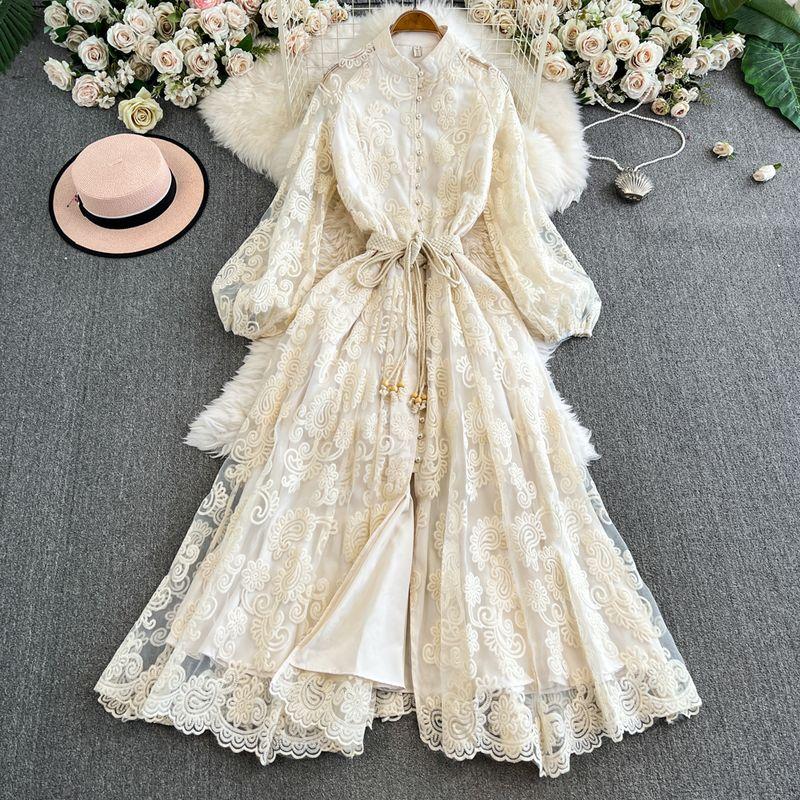 French style Elegant Water Soluble Flower Hollow Embroidery Dress Pettiskirt Lace Waist Hugging Temperament Fairy Holiday Style Long dress