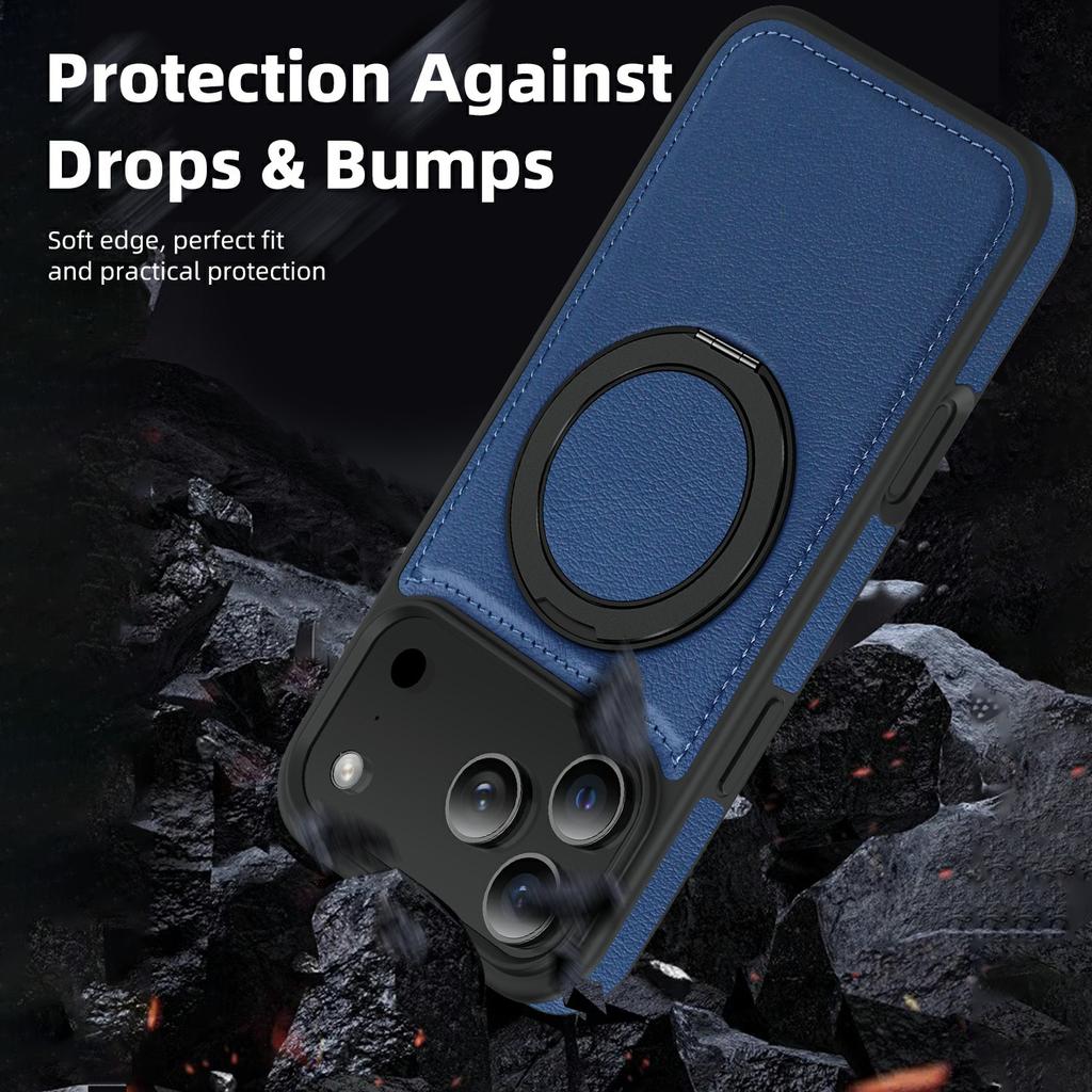For iPhone 17 Pro Case with Ring Kickstand Compatible with MagSafe PU Leather Back Cover