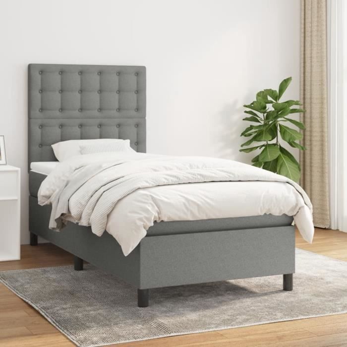 3142074 vidaXL Lit à sommier tapissier avec matelas Gris foncé 100x200cm Tissu