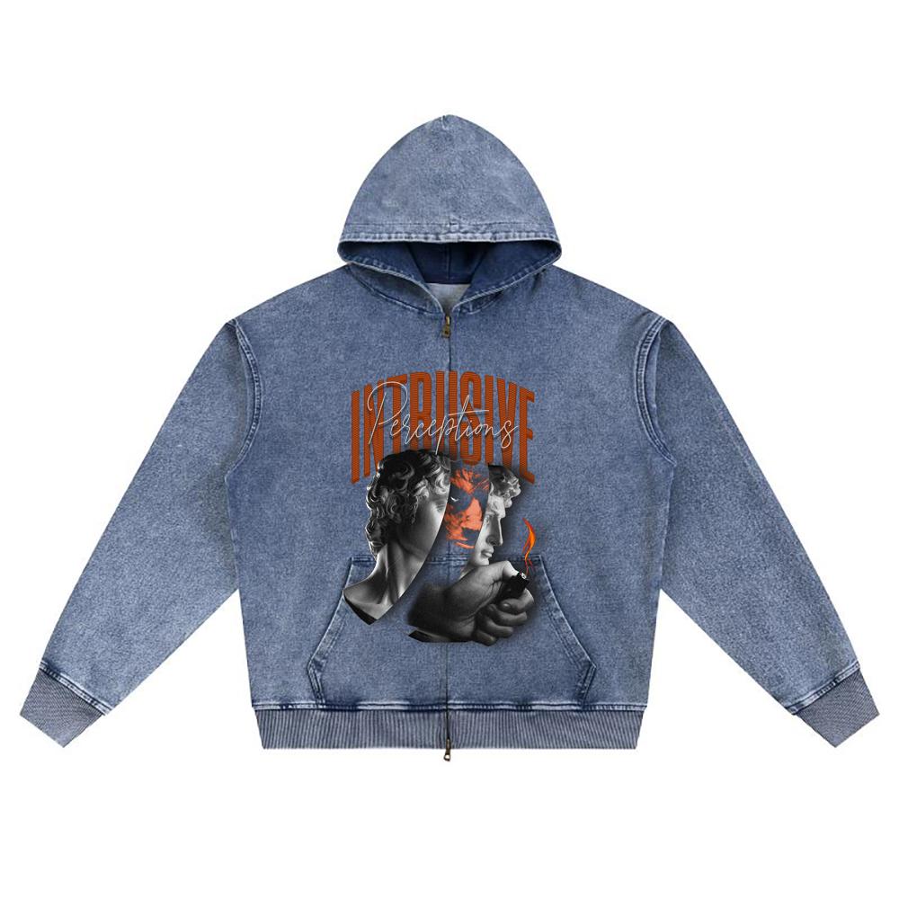 DTG Print Knitted Denim Zip-Up Hoodie Intrusive Brother Print Zipper Hoodies  
