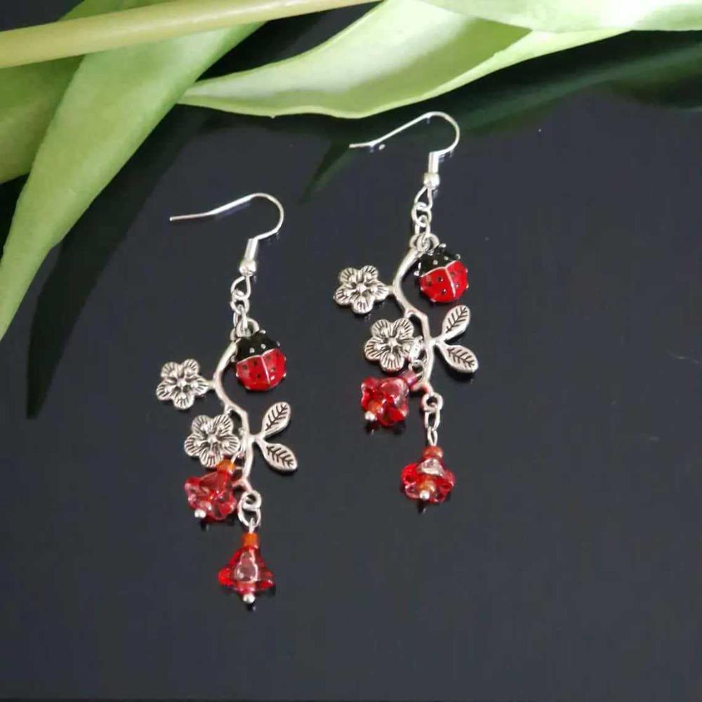 Cute Enamel Ladybug Floral Branch Red Glass Bellflower Dangle Earrings for Women Boho Nature Retro Sliver Color Jewelry Gifts
