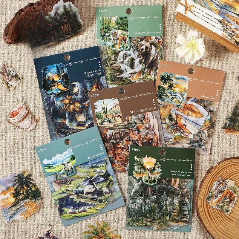 15pcs/bag Nature Journey Series Vintage Forest Tree Beach Landscape Material Collage PET Sticker Creative DIY Journal Stationery