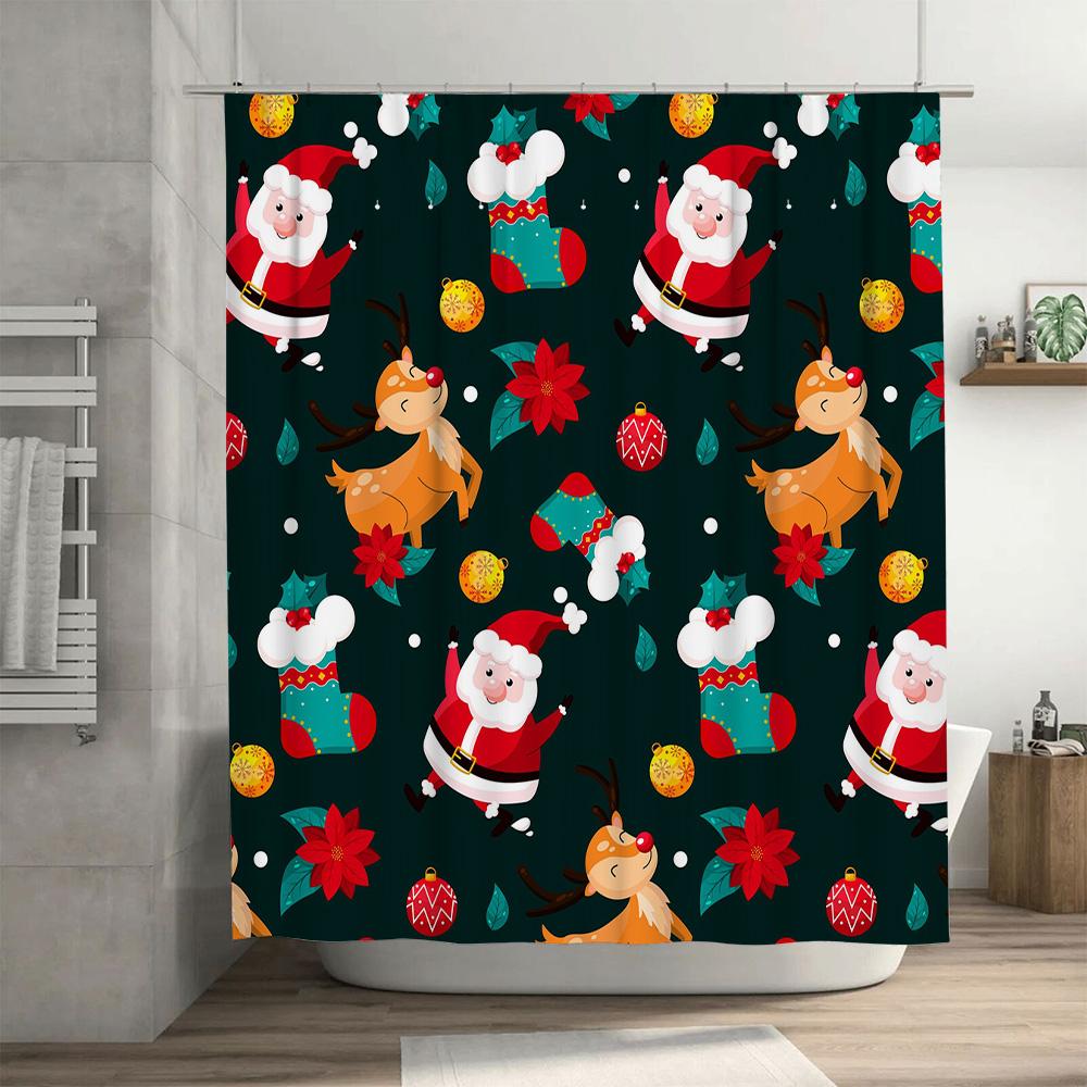 Christmas Shower Curtain Set Reindeer And Santa Claus Decorated Waterproof Bathroom Linen Print Festive Home Decoration For Merr