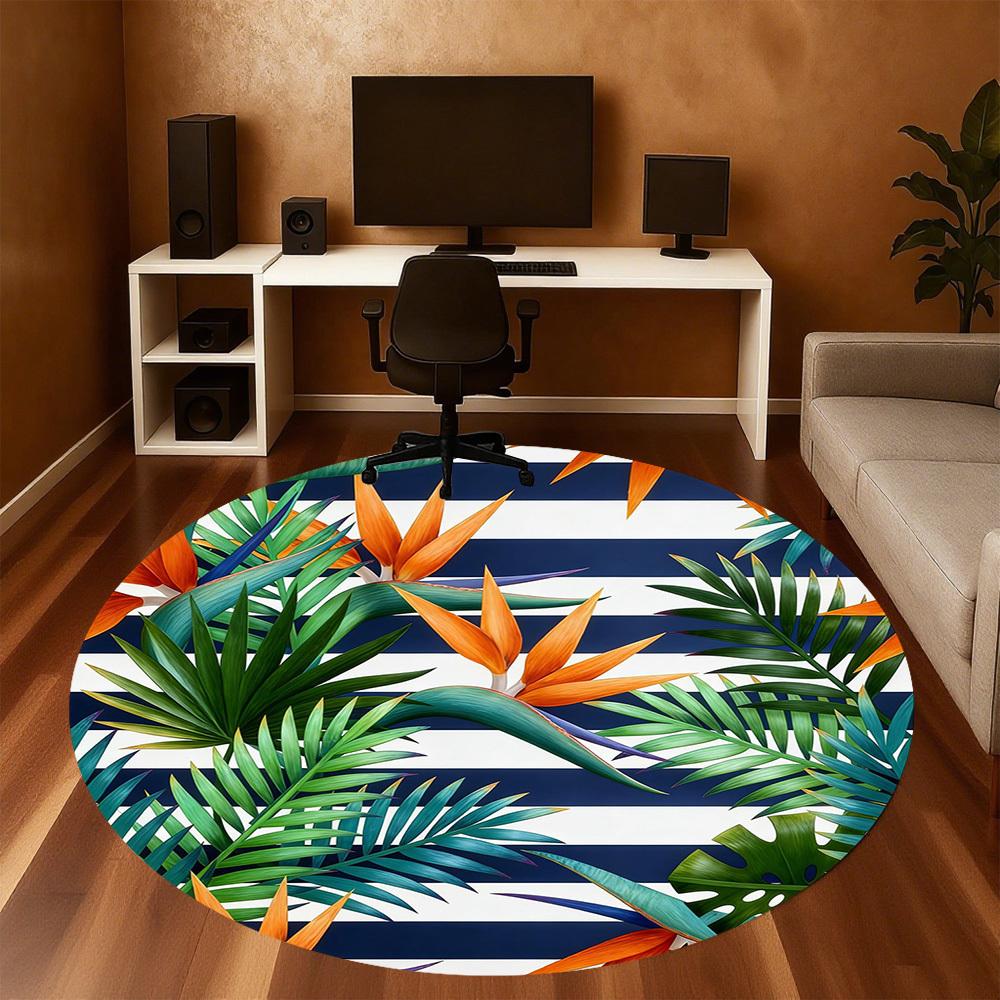 1pc Tropical Leaves Stripes Round Chair mat office Area Rug - Non-Slip, Floor Mat for Office, Bedroom, and Indoor Decor p127183
