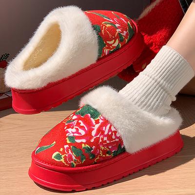 Nordosten große Blume Plüsch Baumwollpantoffeln Winter Indoor Zuhause Dicke Sohle Rutschfest Aufgehäuft Warm Paar Baumwollmopp