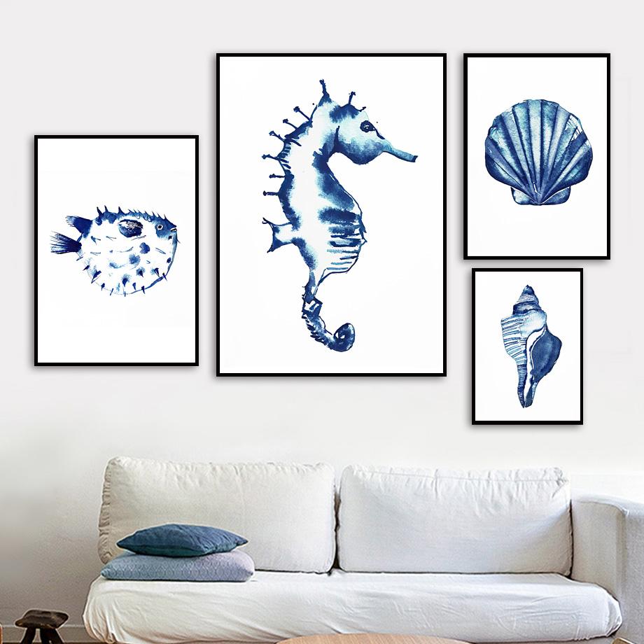 Ocean Animal Navy Blue Hamptons Sea Life Turtle Nursery Wall Art Canvas Painting Nordic Poster Wall Picture Baby Kids Room Decor