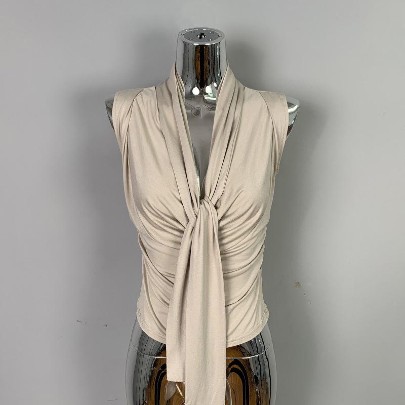 Korean Dongdaemun Pleated Sleeveless Slim-Fit Sash Top for Women
