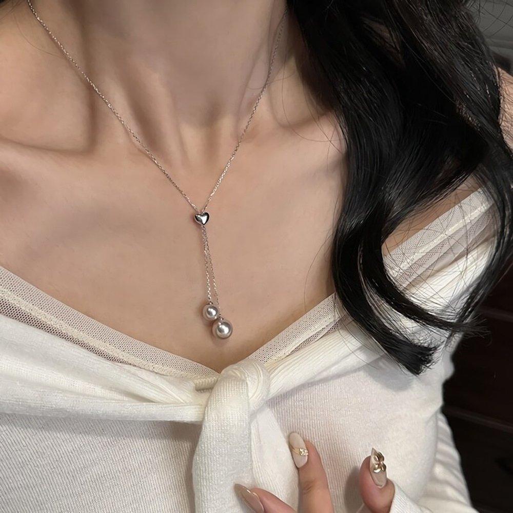 Women's Heart Rose Pearl Tassel Long Y-String Necklace