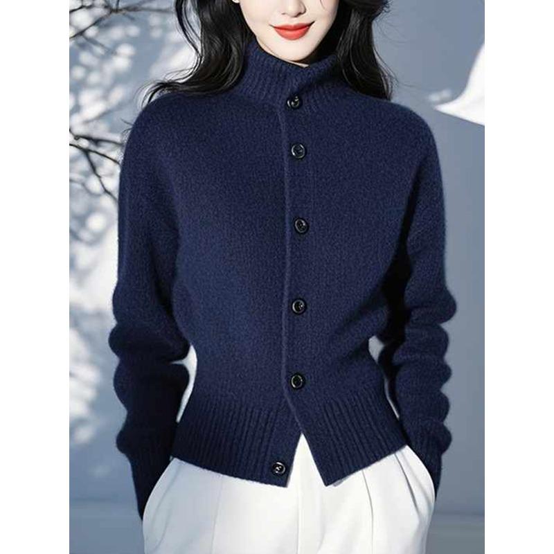 Stylish Blue Stand-up Collar Long Sleeve Knit Cardigan Sweater for Women – Chic Autumn/Winter Outerwear.