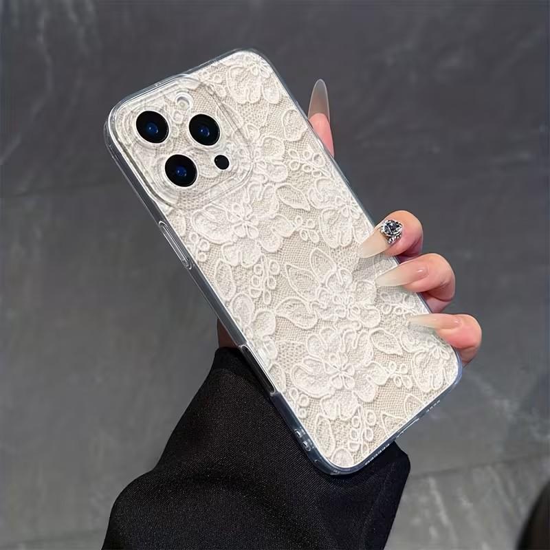 Transparent White Lace Print Phone Case For Xiaomi Redmi Note 14 Pro Plus 14 13 12S 12 11 10 Pro 14C 13C 4G 5G Soft Clear Cover