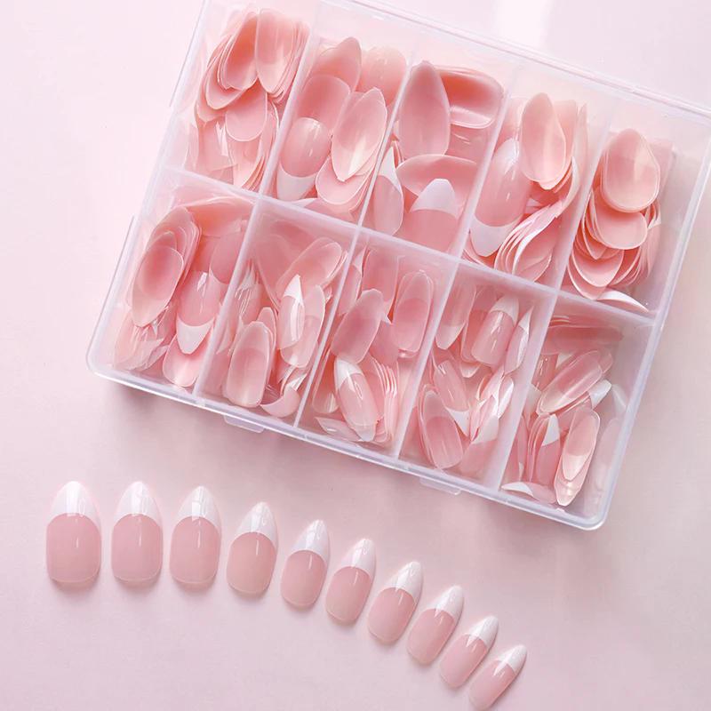 120/240/360Pcs/Box Glossy Soft Gel Pink French Nail Tips Medium Almond White Simple Press On Nails Huge Capacity False Nails