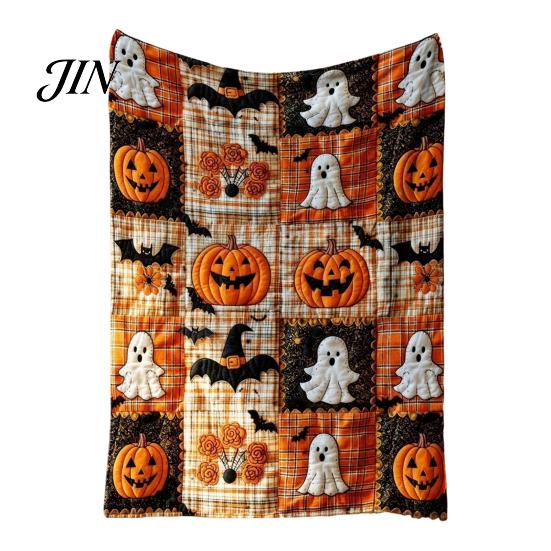 Soft Pumpkin Bat Print Bed Cover & Throw Blanket, Halloween Cozy Flannel Decorative Bedding Plaid for Couch Sofa Bed, Fall Home Decor
