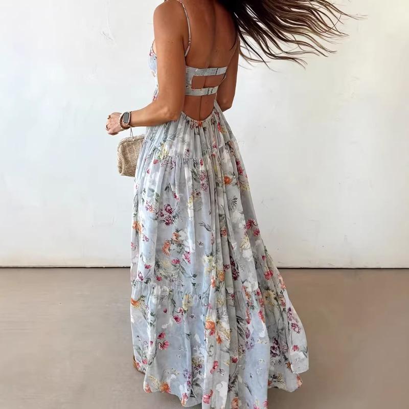 European and American summer new printing sleeveless backless temperament elegant suspender dress women's clothing