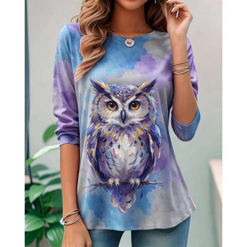 Women's Long Sleeve Crew Neck Watercolor Fox Print Casual T-Shirt, Regular Tops for Spring Summer Daily Weekend Wear