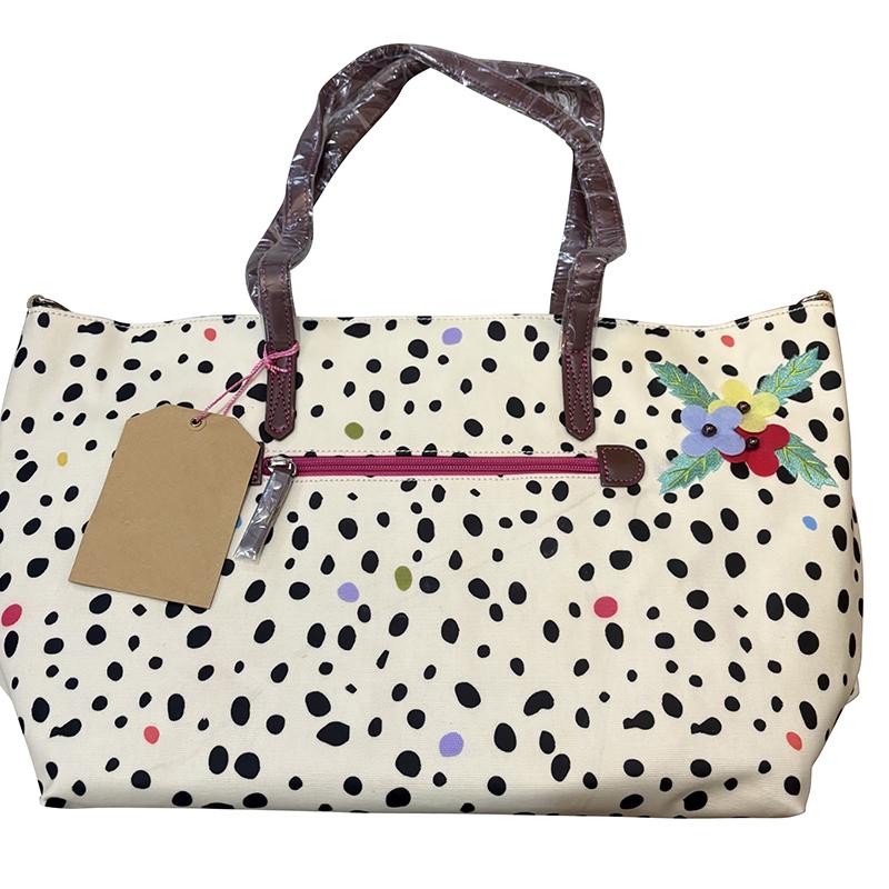 

Polka Dot Canvas Tote Bag Retro Embroidered Flower Decor Color-blocked Handbag For Women Large Lightweight Commute Shopping Bag 48X16X28CM