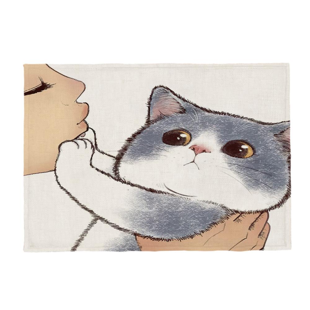 Kočičí lněná podložka na stůl Roztomilý odmítá políbit Prostírání s kresleným vzorem Dekorace na kuchyňský stůl Mat
