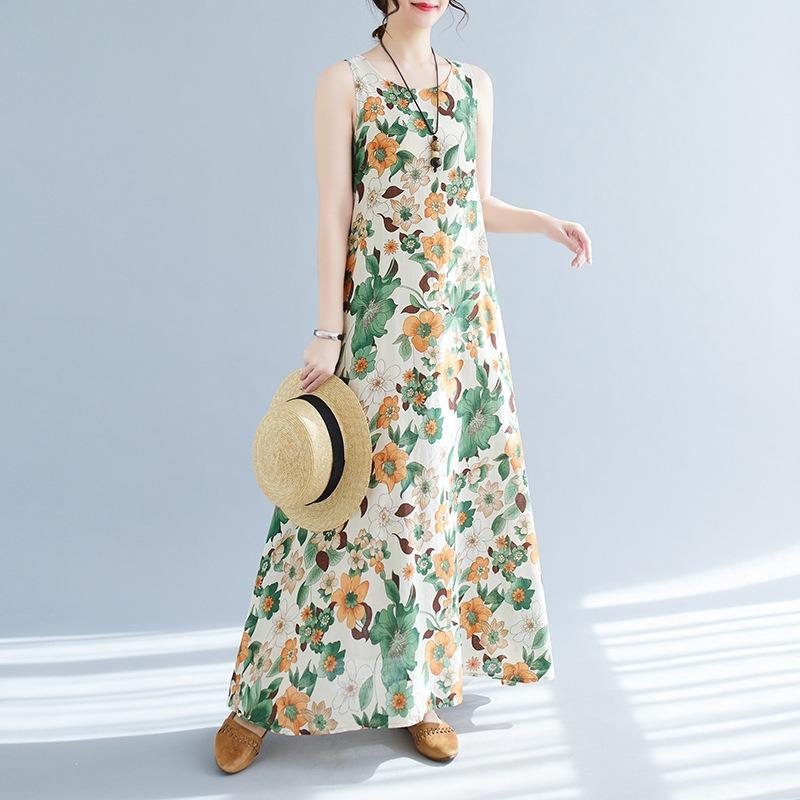 Real Shot Summer New Bohemian Loose Cotton and Linen Print Sleeveless Dress Women's Vest Skirt