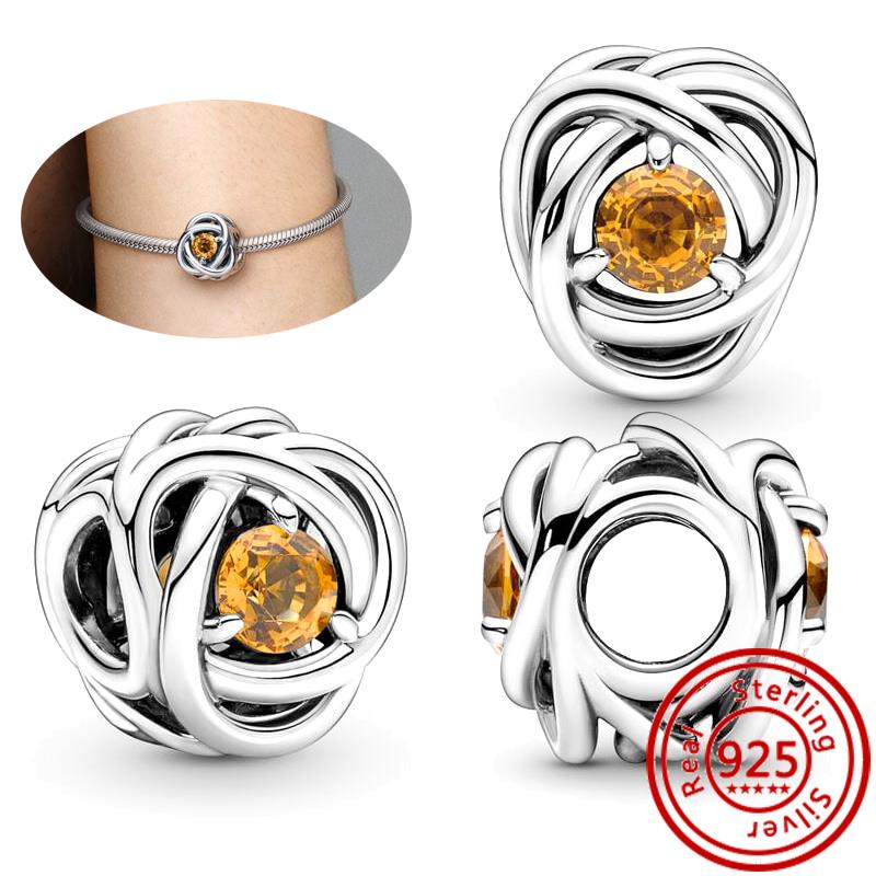 925 Sterling Copper Colorful Zircon Month Star Sign Zodiac Pendant Golden Beads Fit Original Pantaro Charms Bracelet DIY Zircon