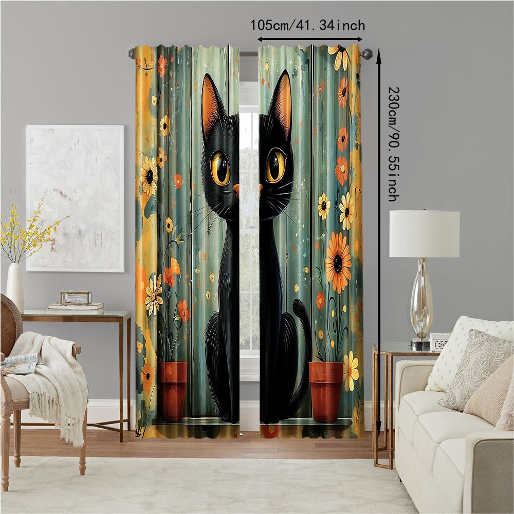 2 pcs   versatile polyester transparent curtains for home decoration Charming Rustic Black Cat & Floral for use in bedrooms and
