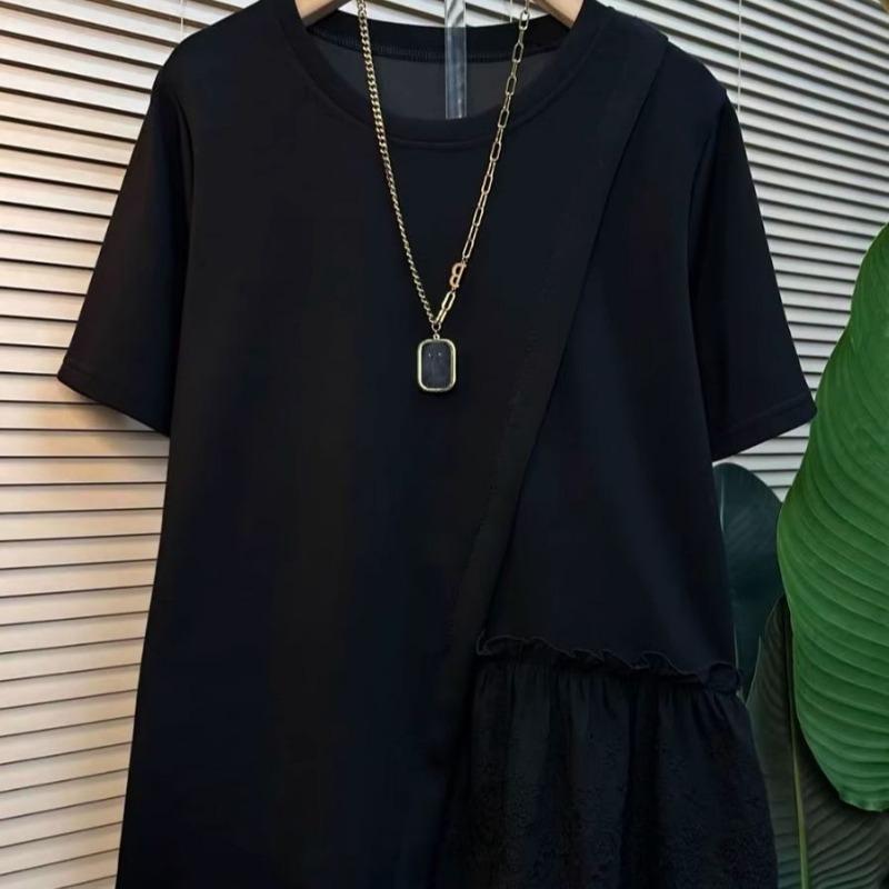 Fashion Large Size Lace Splicing Irregular Blosue Women Short Sleeved T-shirt for Women Summer New Loose Top Sweet Casual O Neck Covers White Shirts