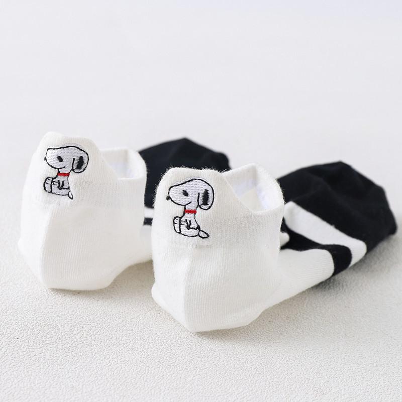Women's Black & White Cartoon Embroidered Ankle Socks - Summer Thin Shallow Mouth Korean Style