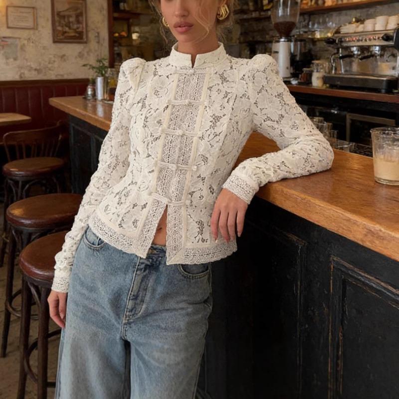 Women Spring Summer New Lace Crochet Stand Collar Slim Fit Blouse Stylish Elegant Commuter Design Shirt