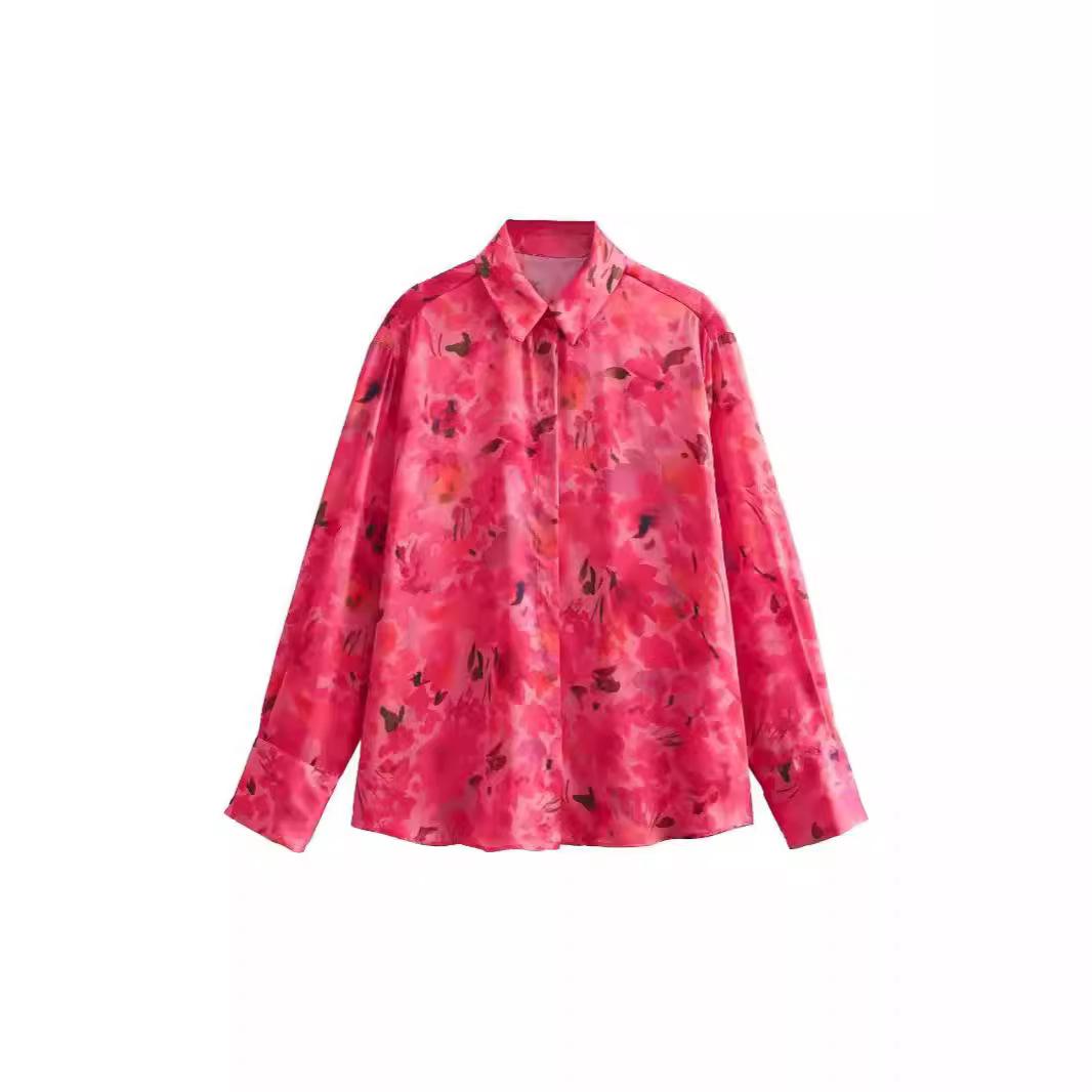 

Женская элегантная атласная блузка с длинными рукавами и принтом, повседневная, шикарная, однобортная, с лацканами, свободная рубашка L красный