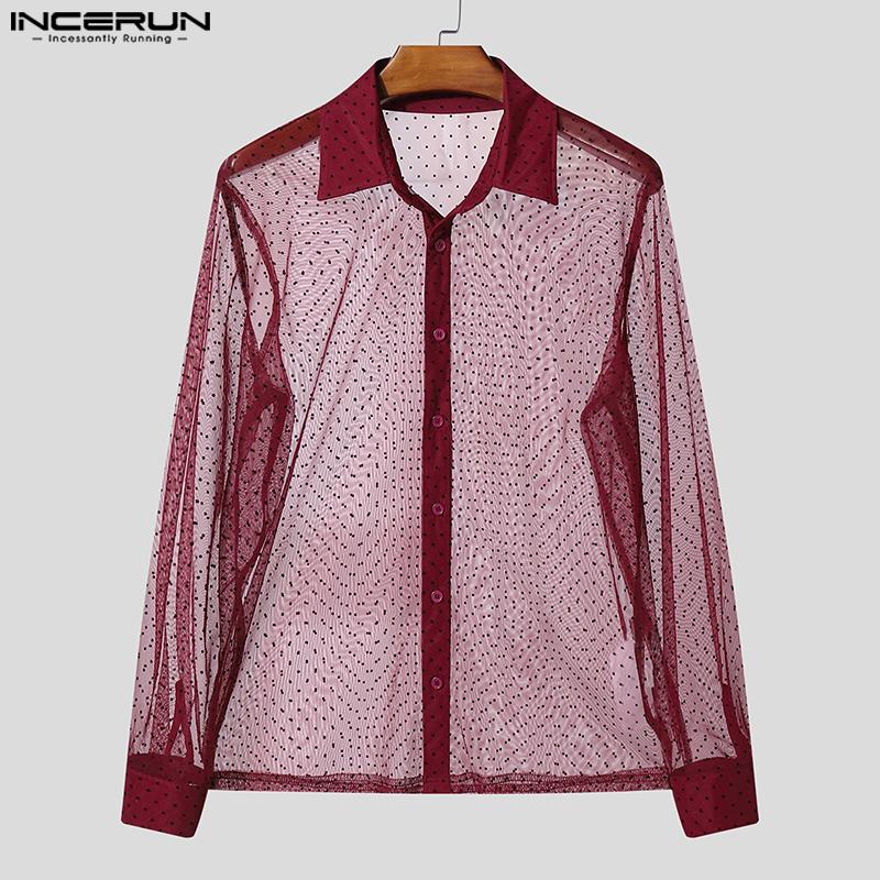 INCERUN Men Lapel Neck Long Sleeve Mesh Sheer Polka Dots Shirts