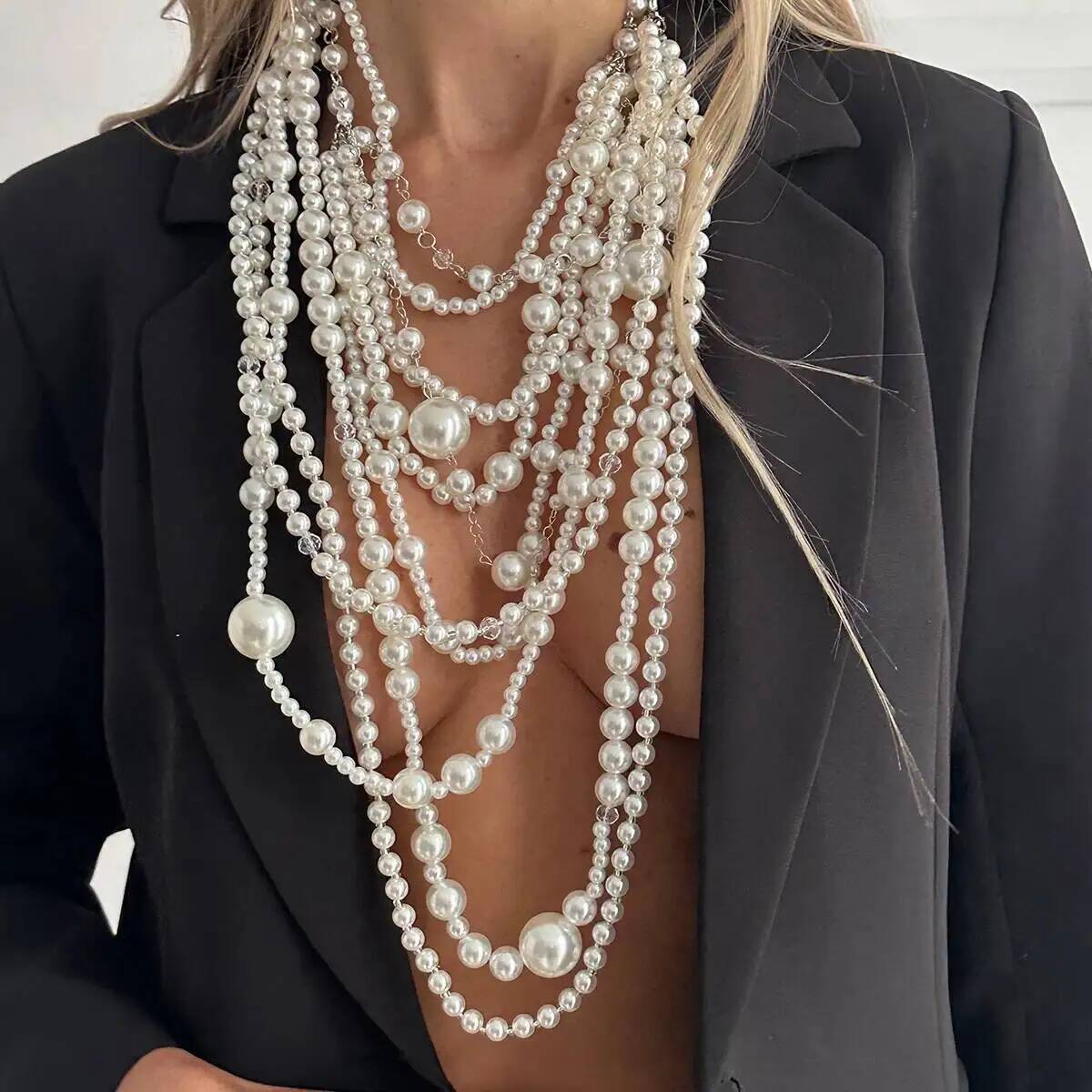 SHIXIN Exaggerated Multi-layer Imitation Pearl Choker Necklace Women Luxury Long Tassel Pendant Sweater Chain Bridal Wed Jewelry
