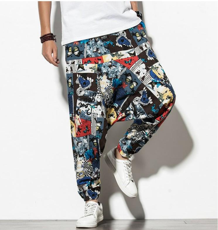 2026 Spring Men's Chinese-Style Cotton Linen Harem Pants - Printed Hip Hop Trousers