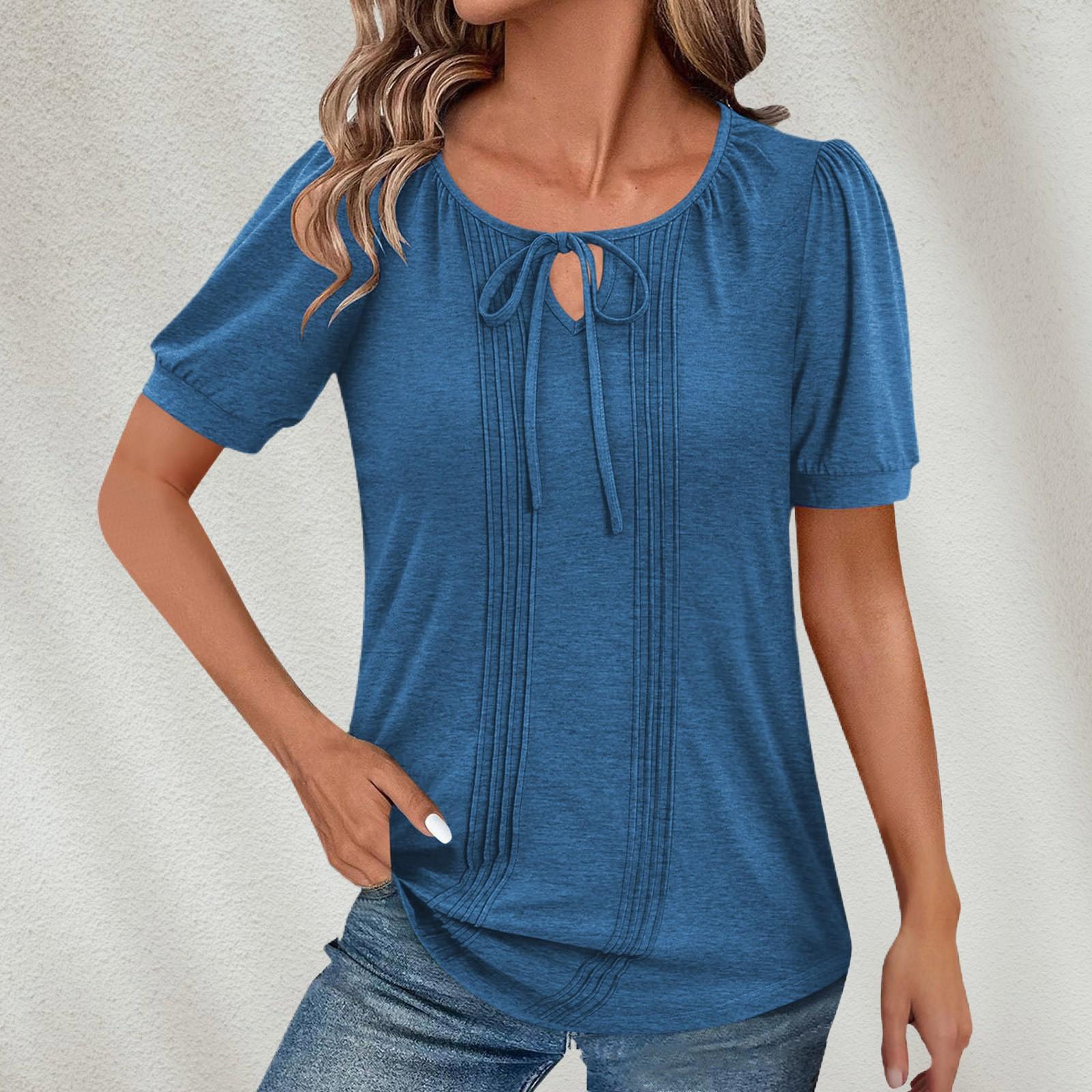 

Женский круглый вырез с галстуком, модный повседневный однотонный топ с короткими рукавами L