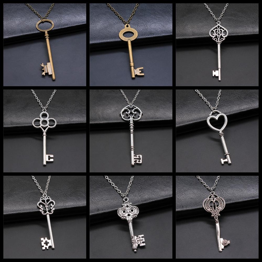 2 Colors Antique Silver Color Antique Bronze Color Vintage Key Pendant Necklace For Women Long Chain Metal Chain Necklace