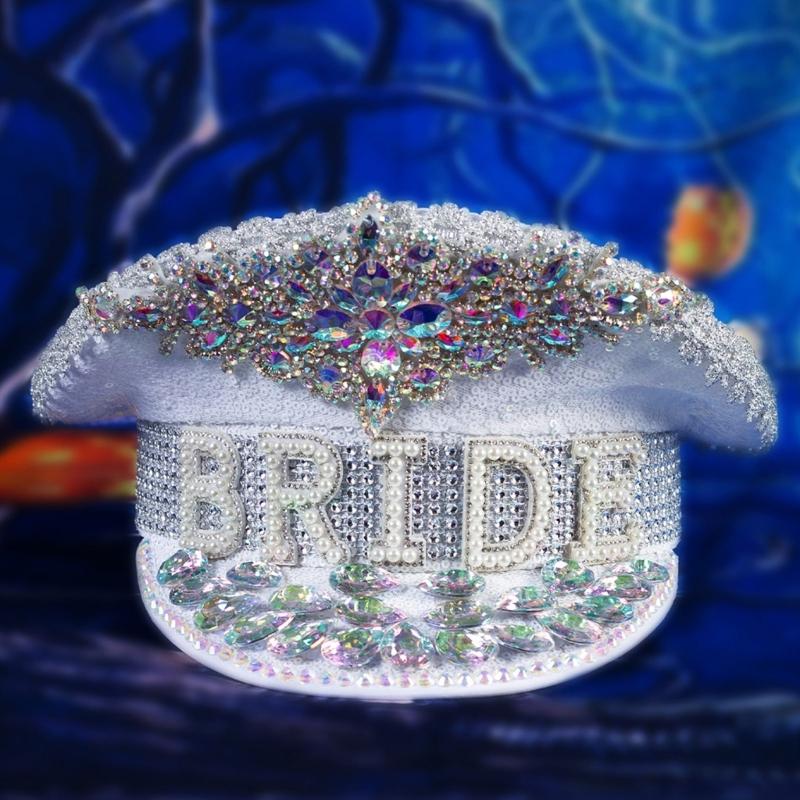 BRIDE Wedding Hat with Colorful Rhinestone Decor Stage Show Hat Military Hat Stage Performances Hat for Masquerade Party