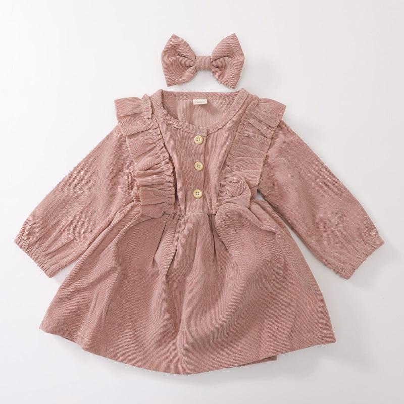 Baby Girl Dress, High-Waist Midi, Long Sleeve Round Collar Ruffle Buttons Princess Pleated Fall Skirt Headband