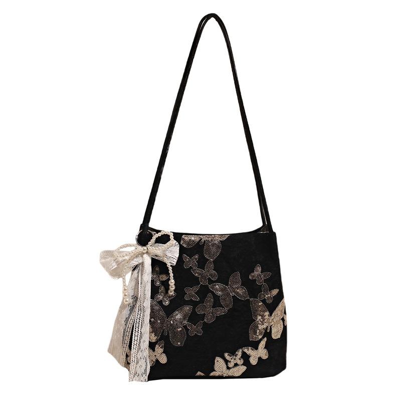 

Вышитая парусиновая сумка женская кружевная фея повседневная сумка-тоут литературная вместительная универсальная на плечо No pendant чёрный