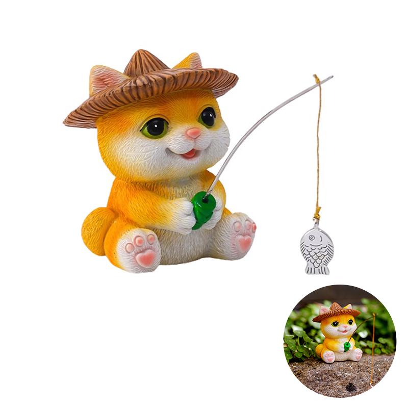 Animal Garden Statue Resin Cat Fishing Figurines Sculpture Frog Fishing Duck Fishing Yard Art Ornament For Fairy Garden Patio