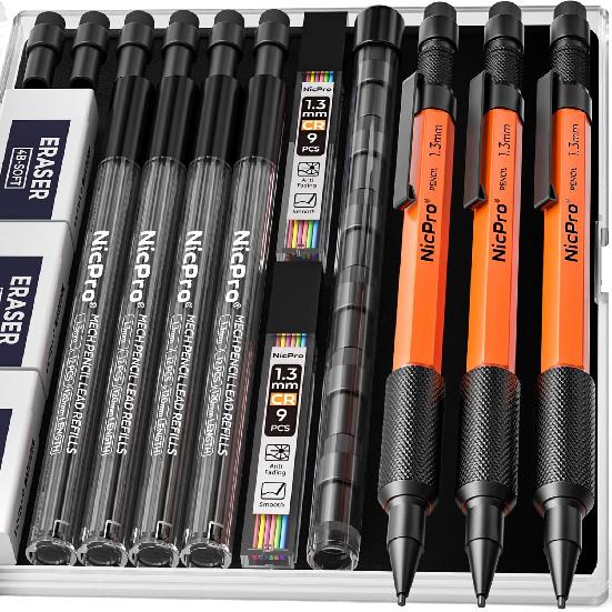 Nicpro 3 PCS 1.3 mm Orange Mechanical Pencils Set with 66 Lead Refill, 3 Eraser - Weatherproof Metal Barrel, Heavy Duty Carpenter Pencil MP2000 for