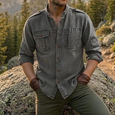 Jachetă cămașă din denim spălat, culoare solidă, pentru bărbați, guler drept, mânecă lungă, casual, pentru lucru, cu buzunare multiple