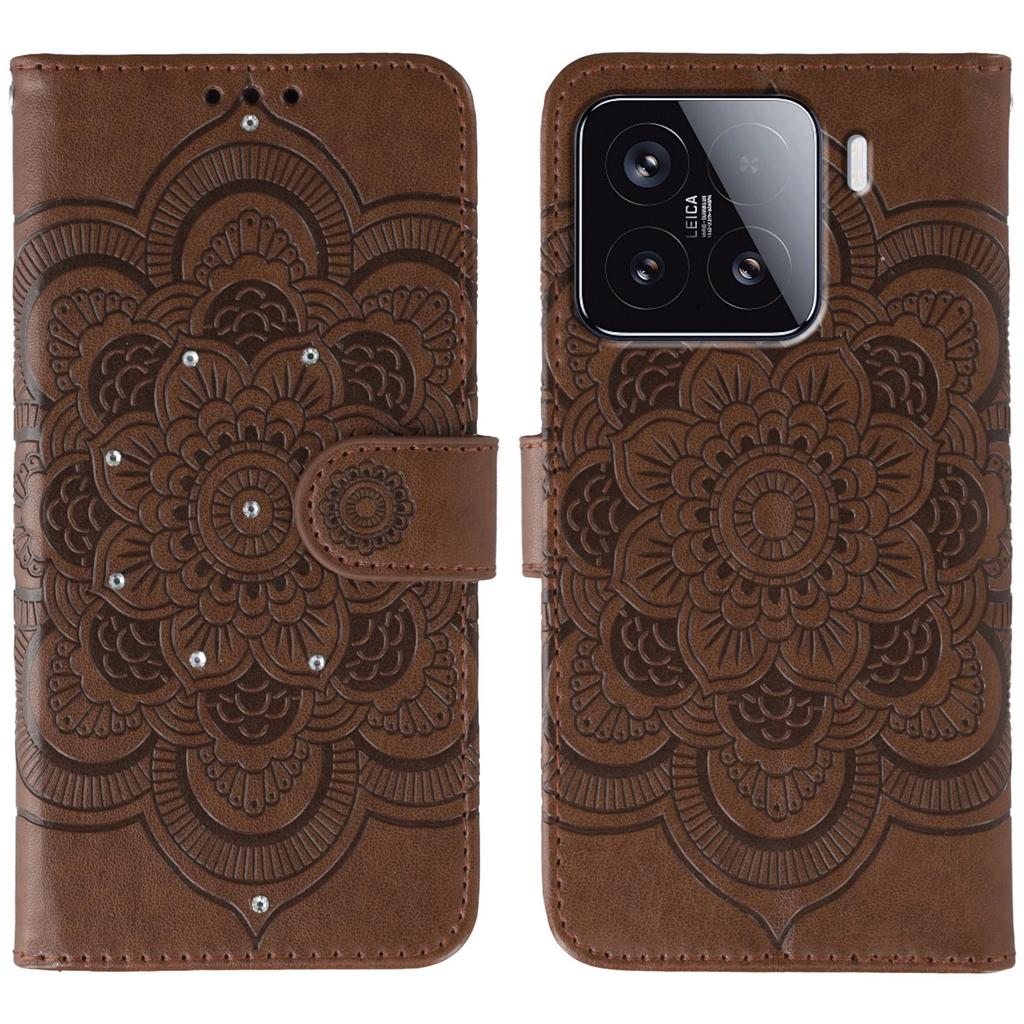 For Xiaomi 15 Case Rhinestone Decor PU Leather Mandala Imprinted Design Phone Cover with Wrist Strap