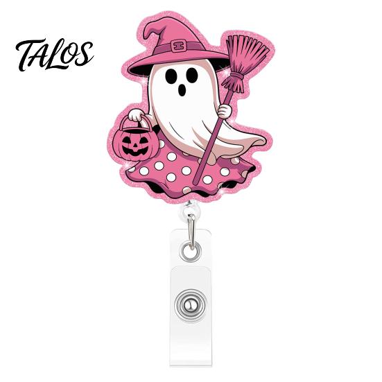 Pink Glitter Badge Reel Halloween Ghost Reel, Acrylic Retractable Holder Clip, Cute Heavy Duty ID Name for Women Nurse Teacher Medical Office
