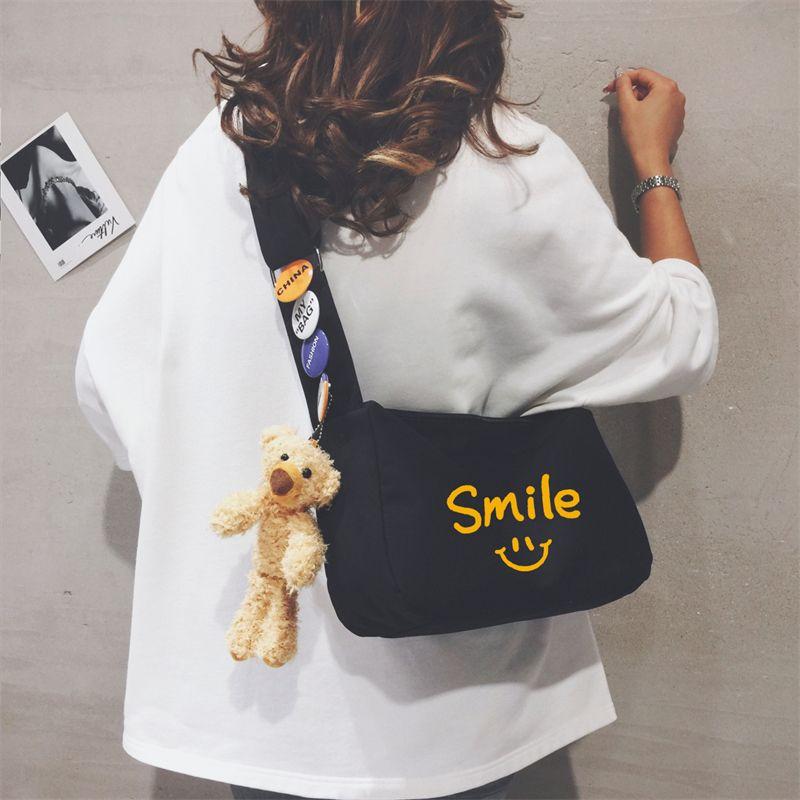 

American Smiley Sports Fashion Canvas Messenger Bag SMILE-Black 3142 (badge and Bear pendant)