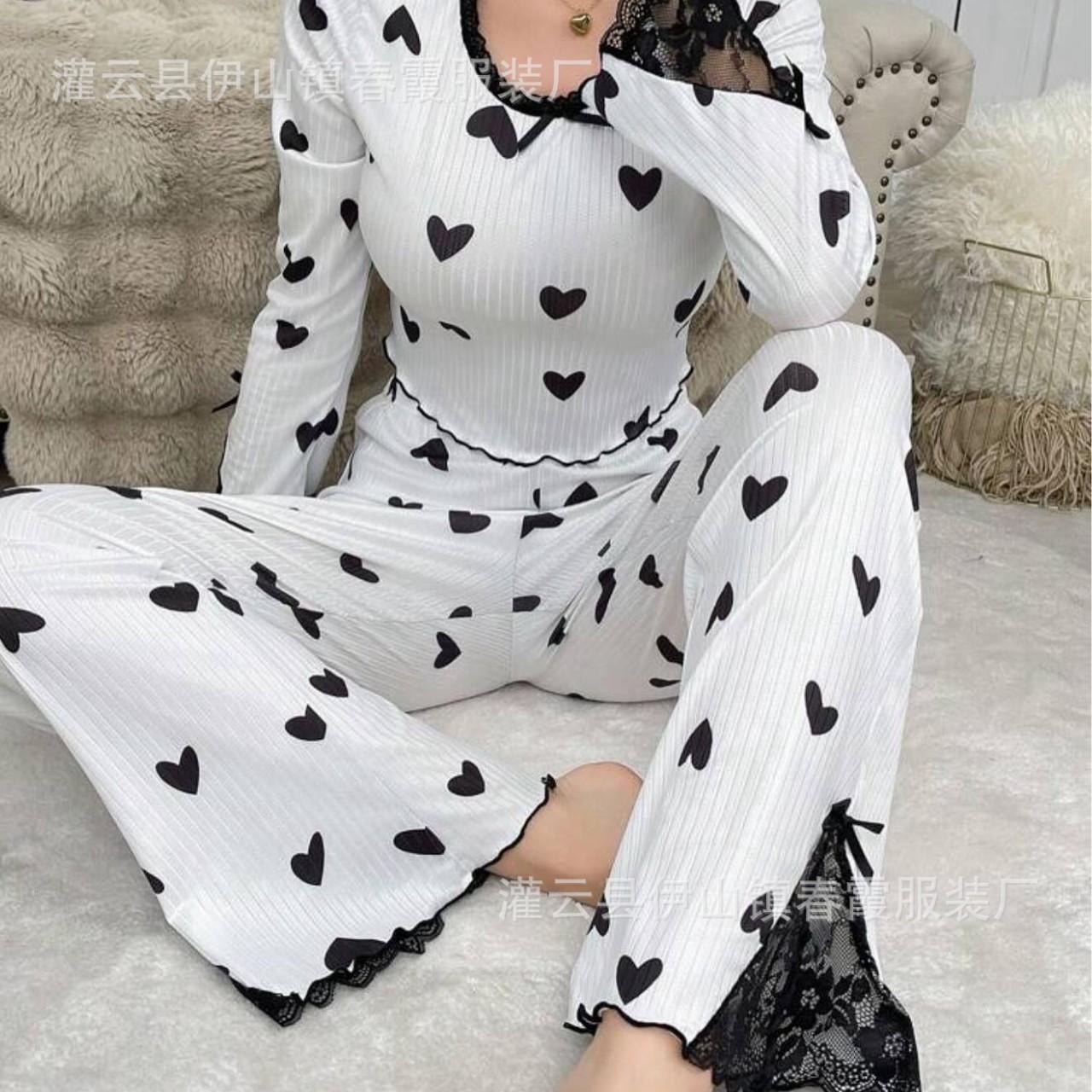 

European and American summer new loungewear crimped love V-neck long-sleeved pajamas women can wear trousers two-piece set XL білий