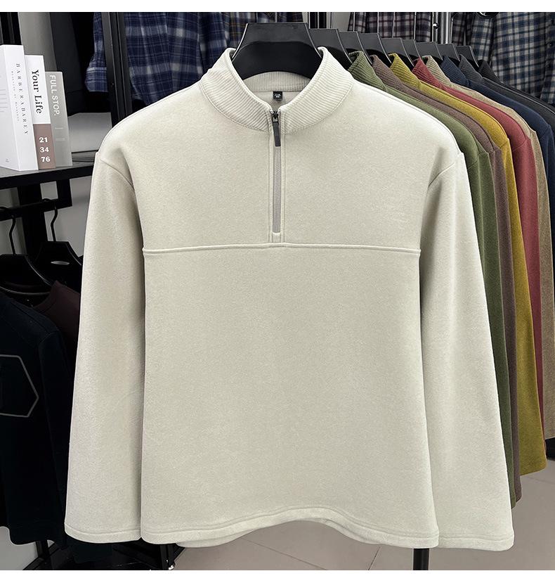Men's Double-Sided German Fleece Half-Zip Hoodie - Stand Collar, Warm Base Layer for Autumn/Winter, Simple Casual Fashion.