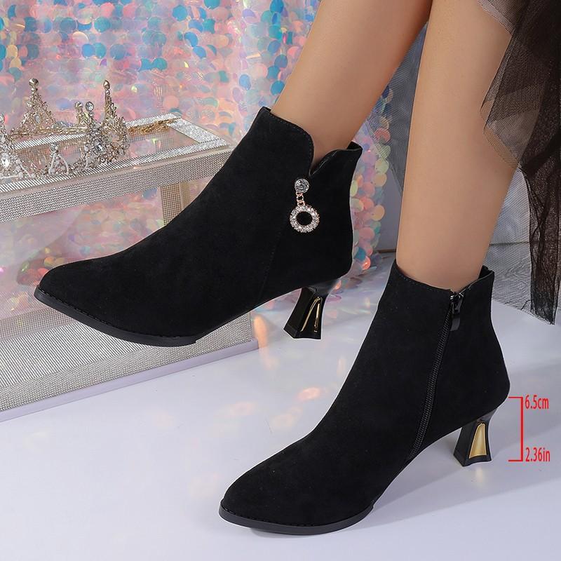 New thin-heeled mid-heeled pointed fleece boots and bare boots in autumn and winter, short tube, solid color high heel.