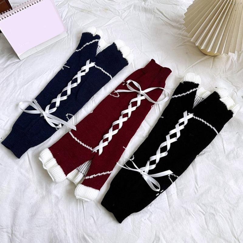 Japanese Harajuku Stretchy Knitted Leg Warmers with Star Pattern for Women Drawstring Ruffle Flared Boot Cuffs Covers