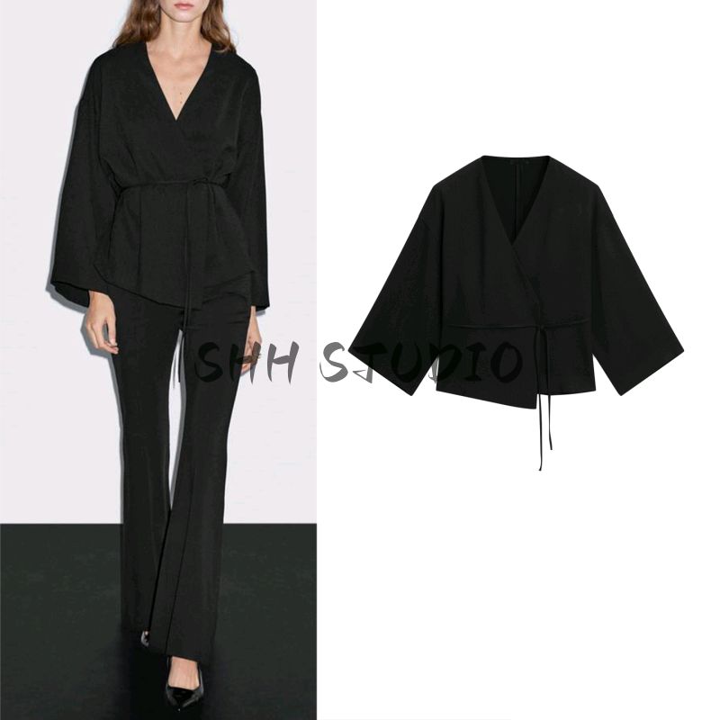 MD Early Autumn New Women Clothes New Chinese Style High Sense Black Drape V-neck Lace-up Shirts Top 5108709
