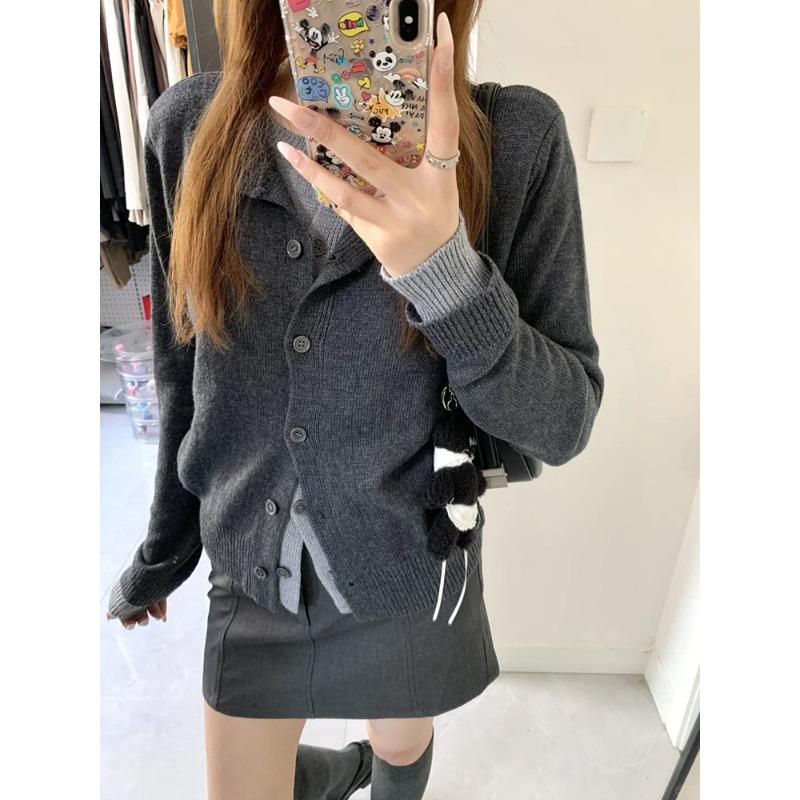 Single-row Button Contrasting Color Fake Two-piece Knitted Cardigan Women's Spring and Autumn New Retro Sweater Jacket Top